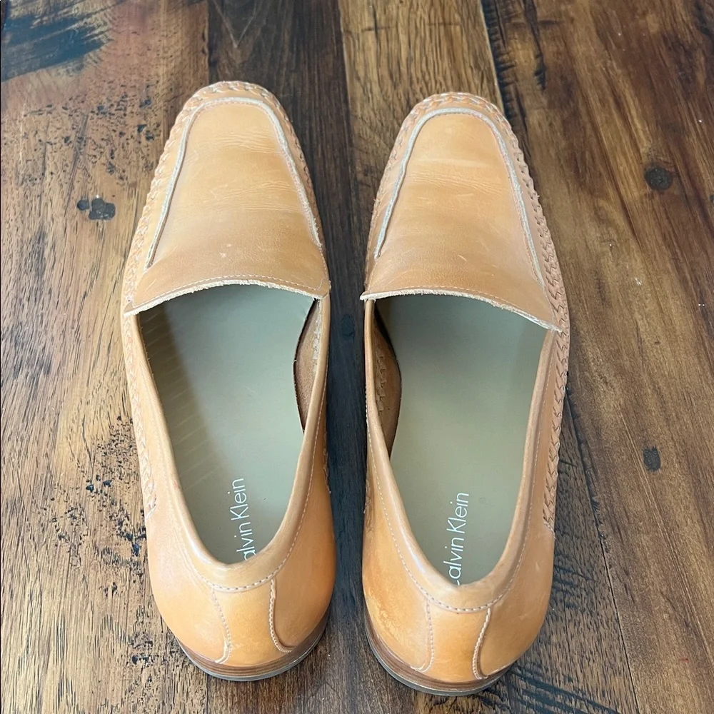 Calvin Klein Men’s 12 Tan Leather Loafers Weaved Beachy
